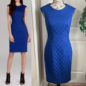 Karen Millen Jacquard Check Cap Sleeve Cotton Blend Sheath Dress Blue Sz 6